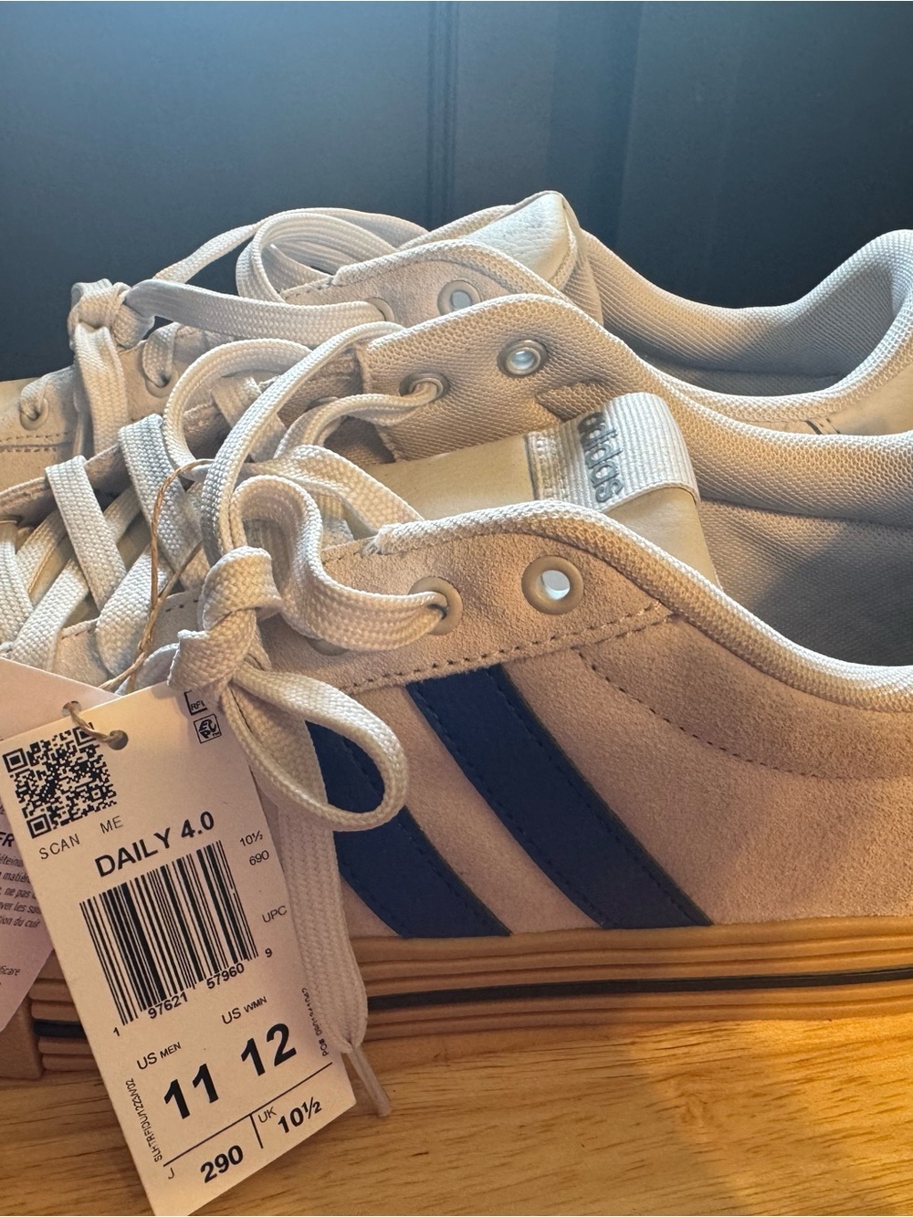 adidas Men's Cream Sneakers with Blue Stripes